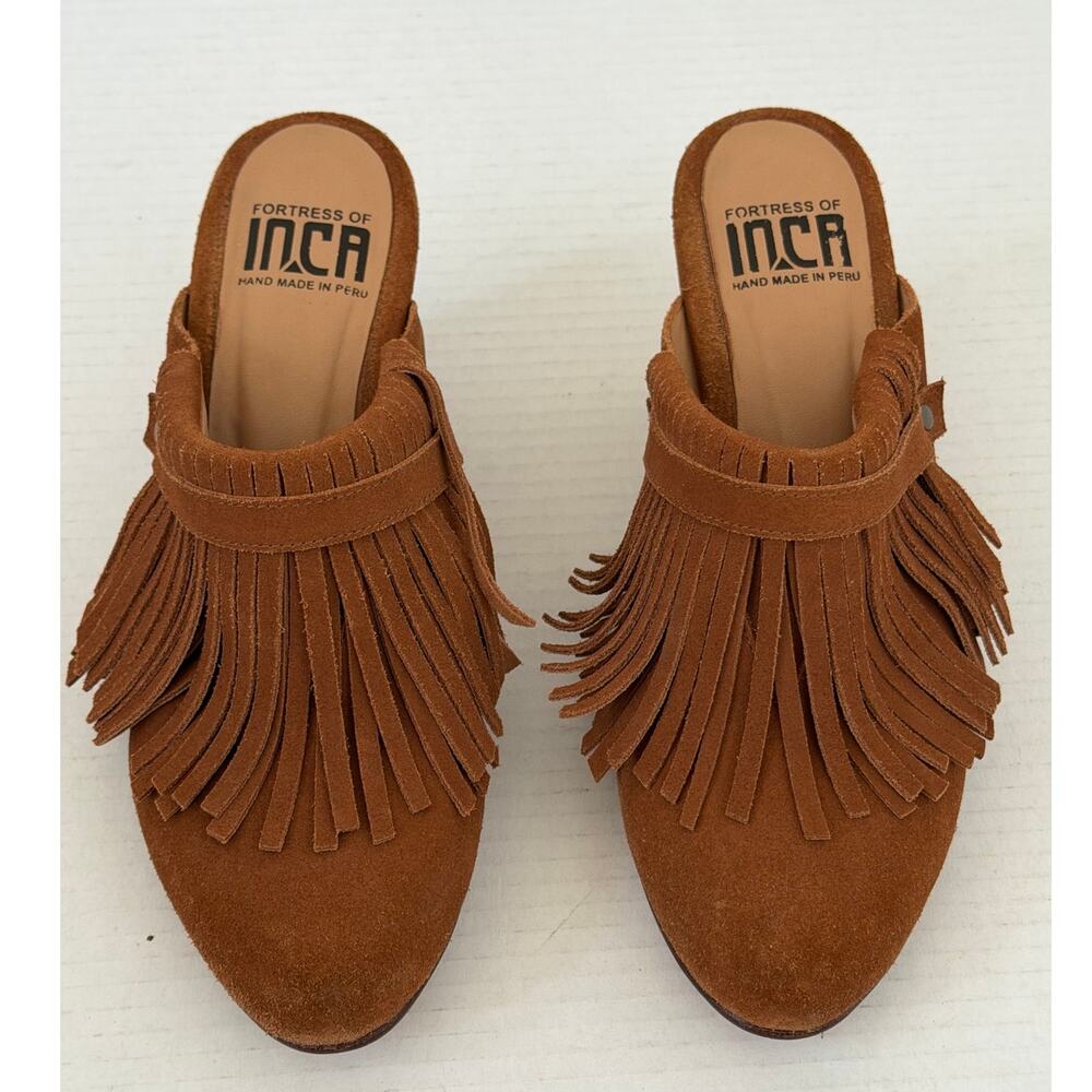 Women's Fortress of Inca Juanita Tan‎ Leather Fringe Mule Heel Shoes Size 7.5